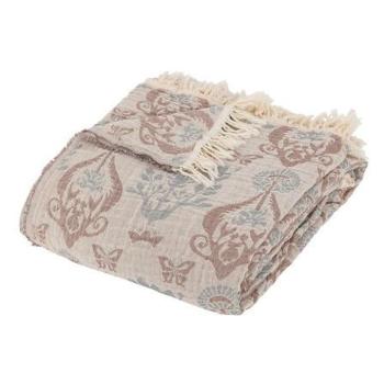 Ágytakaró, rojtos, pamut, bézs - rózsaszín- kék, 240 x 260 cm - SHOP kép