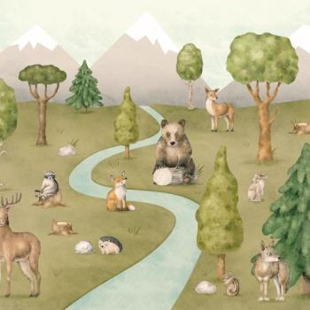 Állat találkozó tapéta, 300x250 cm, zöld - barna - bézs - BEAR AND CO kép