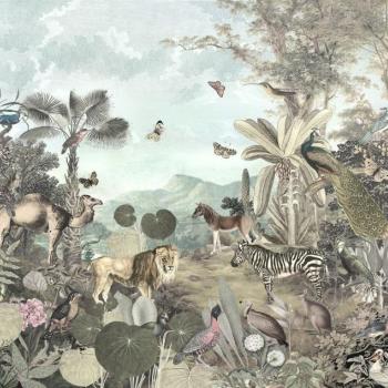 Békés erdőkép erdőképet ábrázoló tapéta, állatokkal, 300x280 cm, barna - zöld - kék - JUNGLE kép