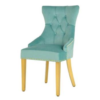 CASTLE DELUXE kék bársony szék arany lábak oroszlánfej fogantyúval kép