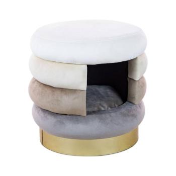 Csíkos bársonyszövet puff, kisállat házzal, bézs - TRIOPETS kép