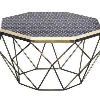 DIAMOND BONE INLAY fekete-fehér bivalycsont vas dohányzóasztal kép