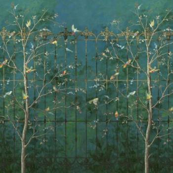 Díszes kerítést fákkal és madarakkal ábrázoló tapéta, 400x280 cm, zöld - arany - barna - TOPOLA kép