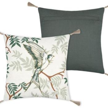 Díszpárna, madarat ábrázoló, pamutvászon, fehér - zöld - barna, 40x40 cm - BOTANYS kép