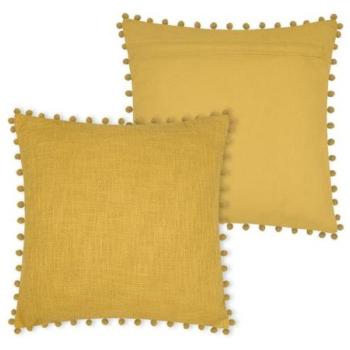 Díszpárna, pomponos, mustársárga, pamut, 40x40 cm - SANCHEZ kép