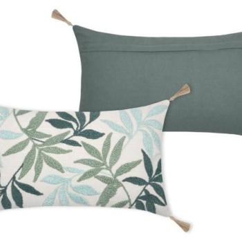Díszpárna, rojtos, levél mintás, pamut, zöld - világoskék - bézs, 30x50 cm - CASABLANCA kép