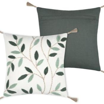 Díszpárna, rojtos, levél mintázatú, pamut, zöld - barna - fehér, 40x40 cm - BOTANYS kép