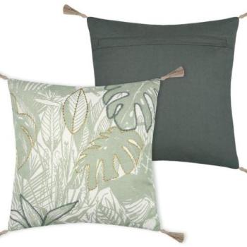 Díszpárna, rojtos, levélmintás, pamut, zöld, 40x40 cm - BOTANYS kép