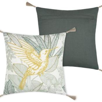 Díszpárna, rojtos, madarat ábrázoló, pamut, aranysárga - zöld, 40x40 cm - BOTANYS kép
