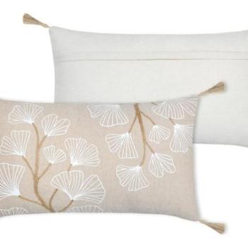 Díszpárna, rojtos sarkokkal, ágak - levelek, pamut - poliészter, világosbarna - fehér, 30x60 cm - NOVA kép