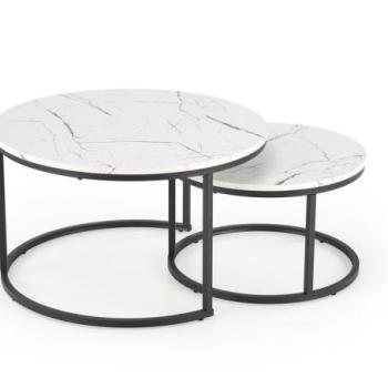 Dohányzóasztal szett, 2db, kerek, márványmintás, fa - fém, fehér - fekete - SARA kép