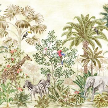 Dzsungelt ábrázoló tapéta, állatokkal, 300x250 cm, zöld - barna - bézs - SAFARI kép