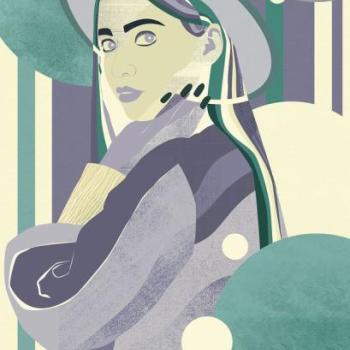 Egy kalapos nőt ábrázoló tapéta, 150x250 cm, lila - zöld - sárga - MADEMOISELLE kép