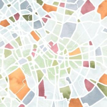 Egy város térképét idáző mintával ellátott tapéta, sokszínű, 150x250 cm, világoskék - zöld - narancssárga - PLAN kép