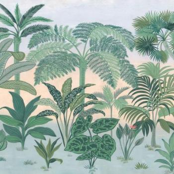 Egzotikus növényeket ábrázoló tapéta, 368x254 cm, zöld - kék - narancssárga - PALMERIE kép