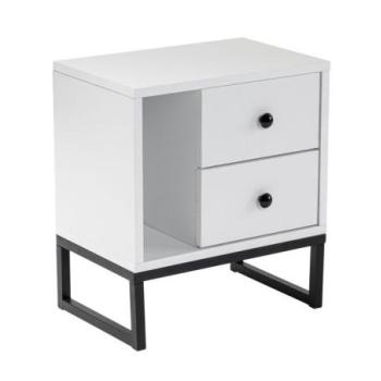 Éjjeliszekrény, fiókokkal, fa, fehér - szürke, fekete fém lábakkal - PRACO kép