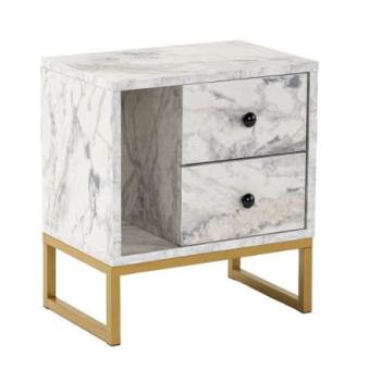 Éjjeliszekrény, fiókokkal, márvány hatású, fa, fehér - szürke, arany fém lábakkal - PRACO kép