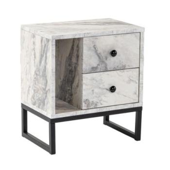 Éjjeliszekrény, fiókokkal, márvány hatású, fa, fehér - szürke, fekete fém lábakkal - PRACO kép
