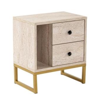 Éjjeliszekrény, fiókokkal, mészkő hatású, fa, arany, fém lábakkal - PRACO kép