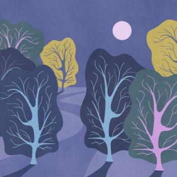 Éjszakai, lila színű erdőt ábrázoló tapéta, 350x250 cm, lila - zöld - sárga - MIDNIGHT kép