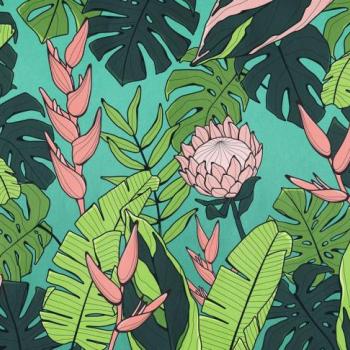 Élénk színű növényeket ábrázoló tapéta, türkiz háttérrel, 350x250 cm, zöld - rózsaszín - türkiz - FLORE kép
