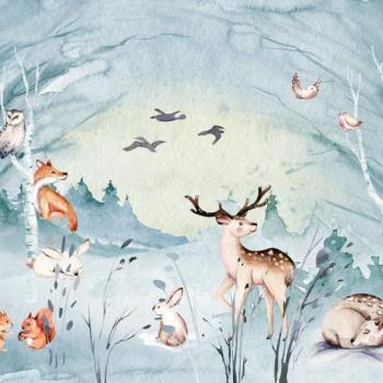Erdei állatokat ábrázoló tapéta, téli háttérrel, 350x280 cm, világoskák - barna - szürke - FRIENDS kép