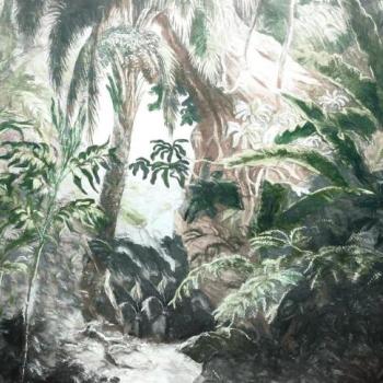 Erdőt ábrázoló tapéta, vízfesték hatású, 350x250 cm, zöld - barna - DREM kép