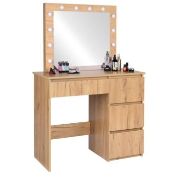 Fa hatású sminkasztal LED-es tükörrel és 4 fiókkal kép