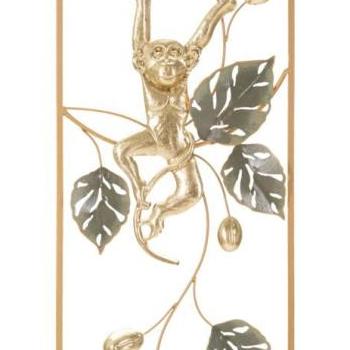 Fali dekoráció, majom, fém, arany - zöld, téglalap alakú keretben - FEERIE kép