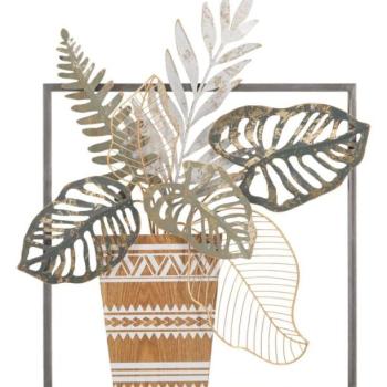 Fali dekoráció, virágcserép, fém, szürke - barna, négyzet alakú keretben - ENCADRE kép