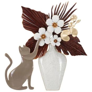 Fali dekoráció, virágcserép, macska, fém, barna - fehér - szürke - MINOUCHE kép