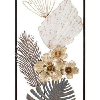 Fali dekoráció, virágok és levelek, fém, arany - szürke, téglalap alakú keretben - BOUQUET kép