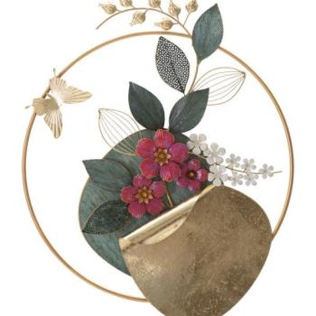 Fali dekoráció, virágok és levelek, fém, zöld - arany - AREA kép