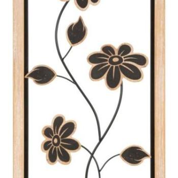 Fali dekoráció, virágos, balos, fém, barna, téglalap alakú fakeretben - ROMASKA kép