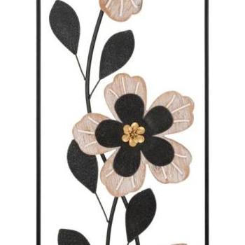 Fali dekoráció, virágos, balos, fém, fekete - barna, téglalap alakú fakeretben - FLEURS kép