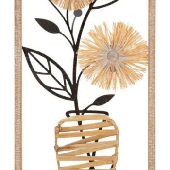 Fali dekoráció, virágos, fa - fém, barna - fekete, téglalap alakú fakeretben - POT kép