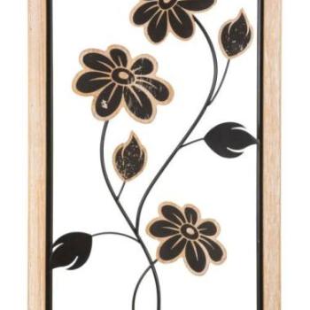 Fali dekoráció, virágos, jobbos, fém, barna, téglalap alakú fakeretben - ROMASKA kép