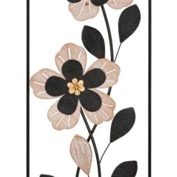 Fali dekoráció, virágos, jobbos, fém, fekete - barna, téglalap alakú fakeretben - FLEURS kép
