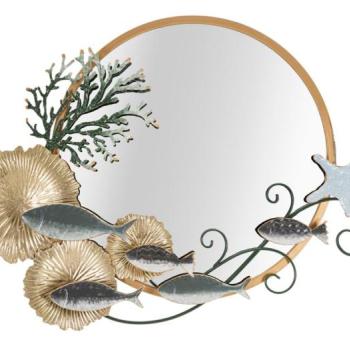 Fali tükör, korallzátonyt ábrázoló díszítéssel, fém kerettel, türkiz - arany  - POISCAILLES kép