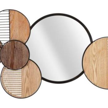 Fali tükör, különböző kerek fa alakzatokkal díszítve, fém kerettel - RAILLURE kép