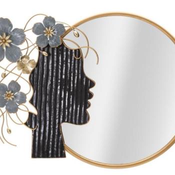 Fali tükör, Virágos fejdíszes nő profiljával díszített, fém kerettel, fekete - szürke - LA FEMME kép