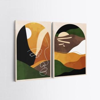 Falikép szett, 2 db, absztrakt arc mintával, aranysárga - sötétzöld - fekete, 50x70 cm kép