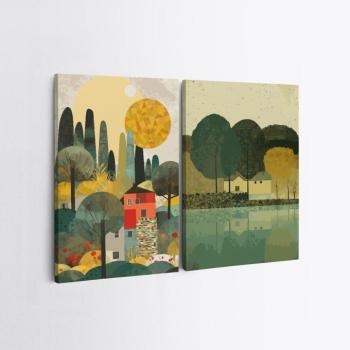 Falikép szett, 2 db, házak az erdőben, zöld - sárga - piros, 50x70 cm kép