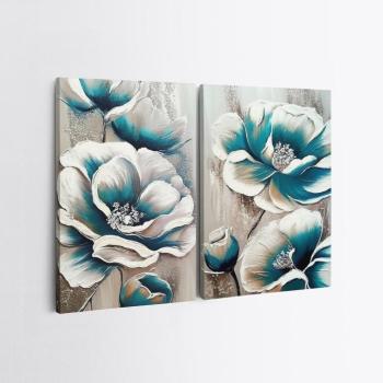 Falikép szett, 2 db, virágok, fehér - ezüst - türkiz, 50x70 cm kép