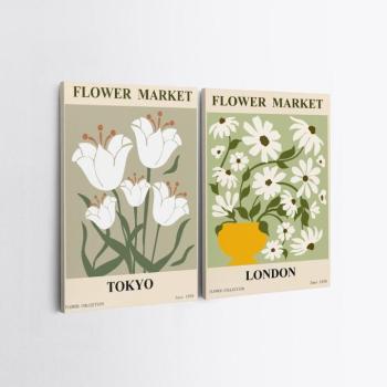 Falikép szett, 2 db, virágpiac, zöld - fehér - sárga - rózsaszín, 50x70 cm kép