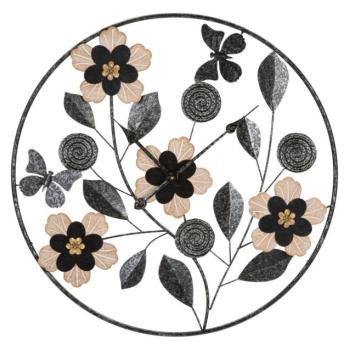 Falióra, virágokkal és pillangókkal, fém - fa, szürke, 67 cm - FLEURETTES kép