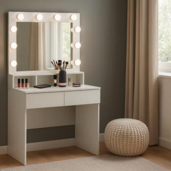 Fehér fésülködőasztal LED tükörrel, fiókokkal és rekeszekkel kép