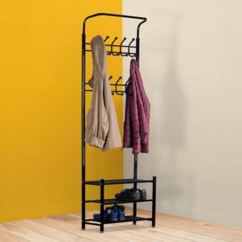 Fém ruhatartó állvány cipőpolcokkal - fekete kép