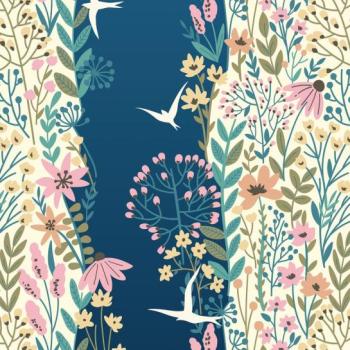 Folyópartot virágokkal és madarakkal ábrázoló tapéta, sokszínű, 200x250 cm, kék - türkiz - sárga - HIRONDELLES kép