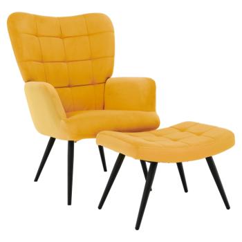 Fotel lábtartóval, sárga Velvet szövet/fekete, HABEN kép